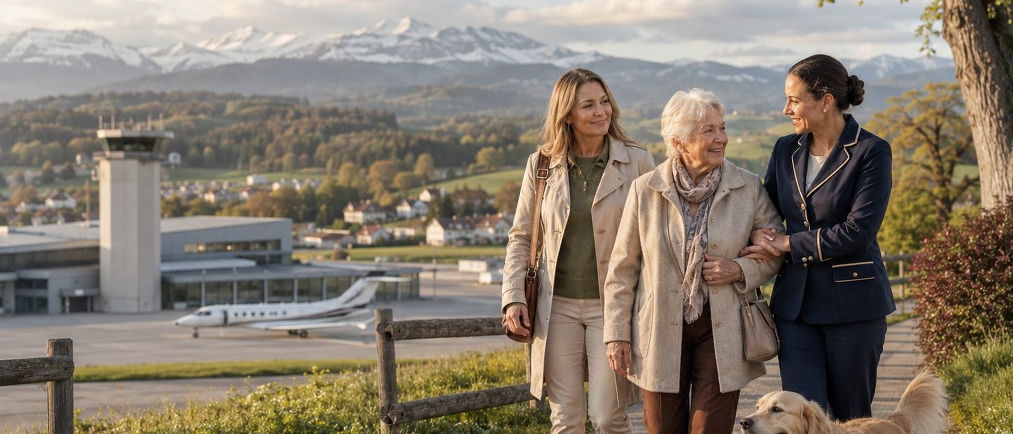 Drei Frauen gehen einen Weg oberhalb des Flugplatzes Bern-Belp, ein Hund neben ihnen; dahinter der Tower, ein Flugzeug und die verschneiten Alpen.